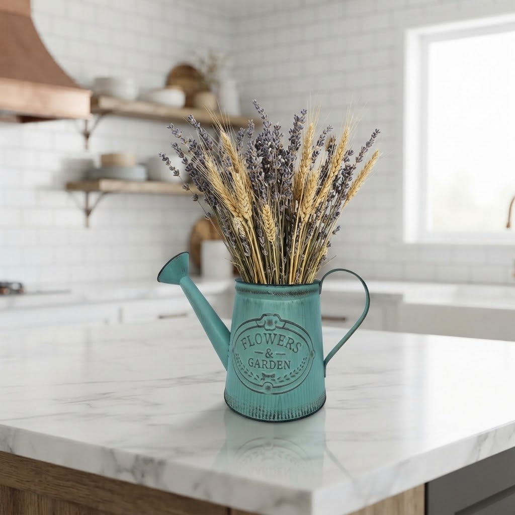 Teal metal watering can vase with 'Flowers & Garden' emblem, holding dried stems.