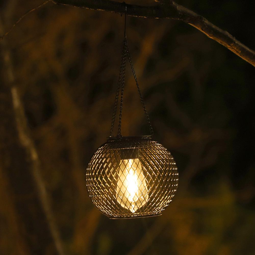 Solar Hanging Globe Lantern – Rustic Iron Mesh Outdoor Light with Vintage Edison Bulb