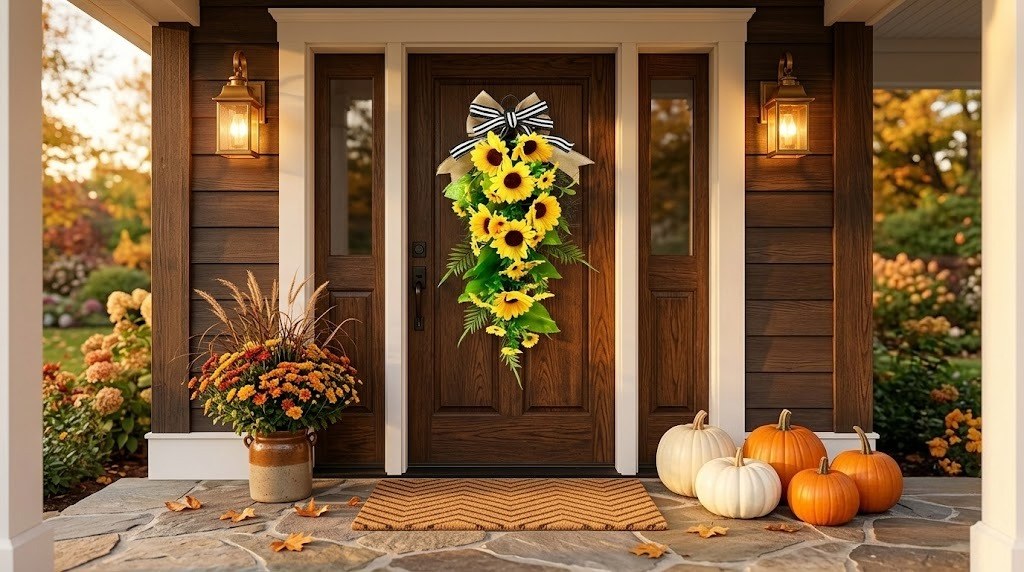 Farmhouse Sunflower Teardrop Swag – Artificial Front Door Wreath with Burlap Bow (24" Long)