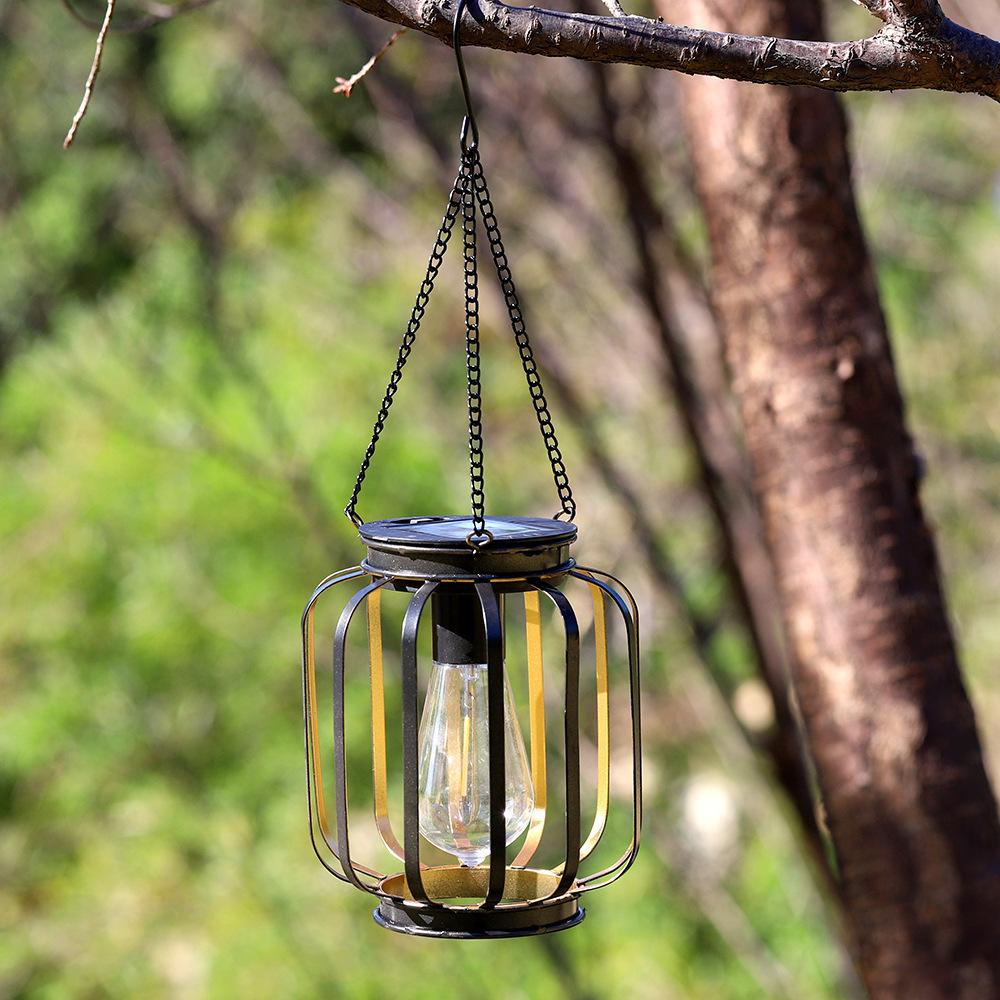 Spherical Solar Hanging Lantern – Rustic Iron Cage Outdoor Light with Vintage Edison Bulb