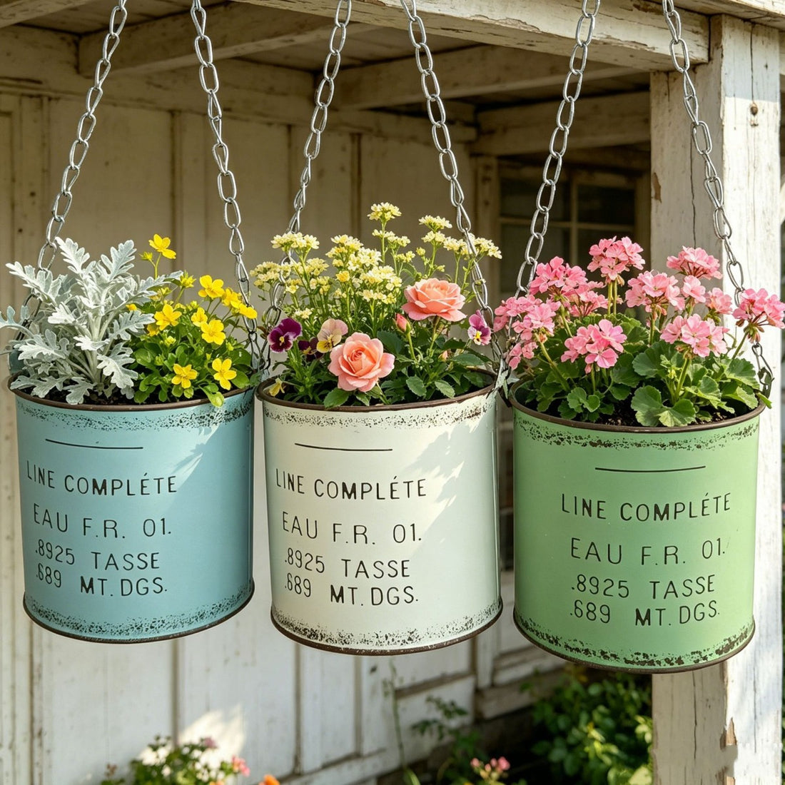 Vintage French Country Metal Hanging Planter with Chain