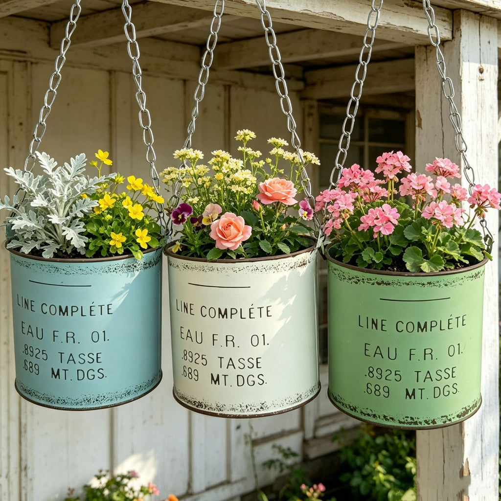 Vintage French Country Metal Hanging Planter with Chain