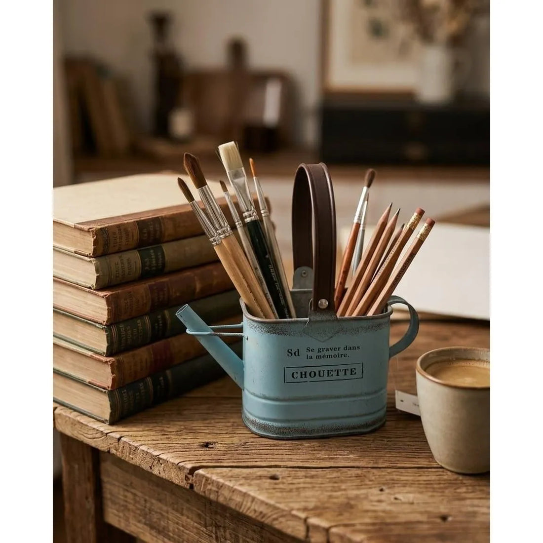 Blue metal watering can planter with brown handle, holding paintbrushes