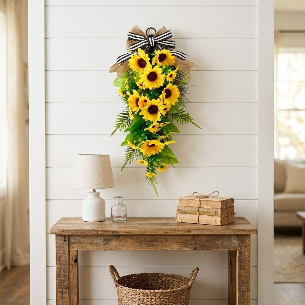 Farmhouse Sunflower Teardrop Swag – Artificial Front Door Wreath with Burlap Bow (24" Long)