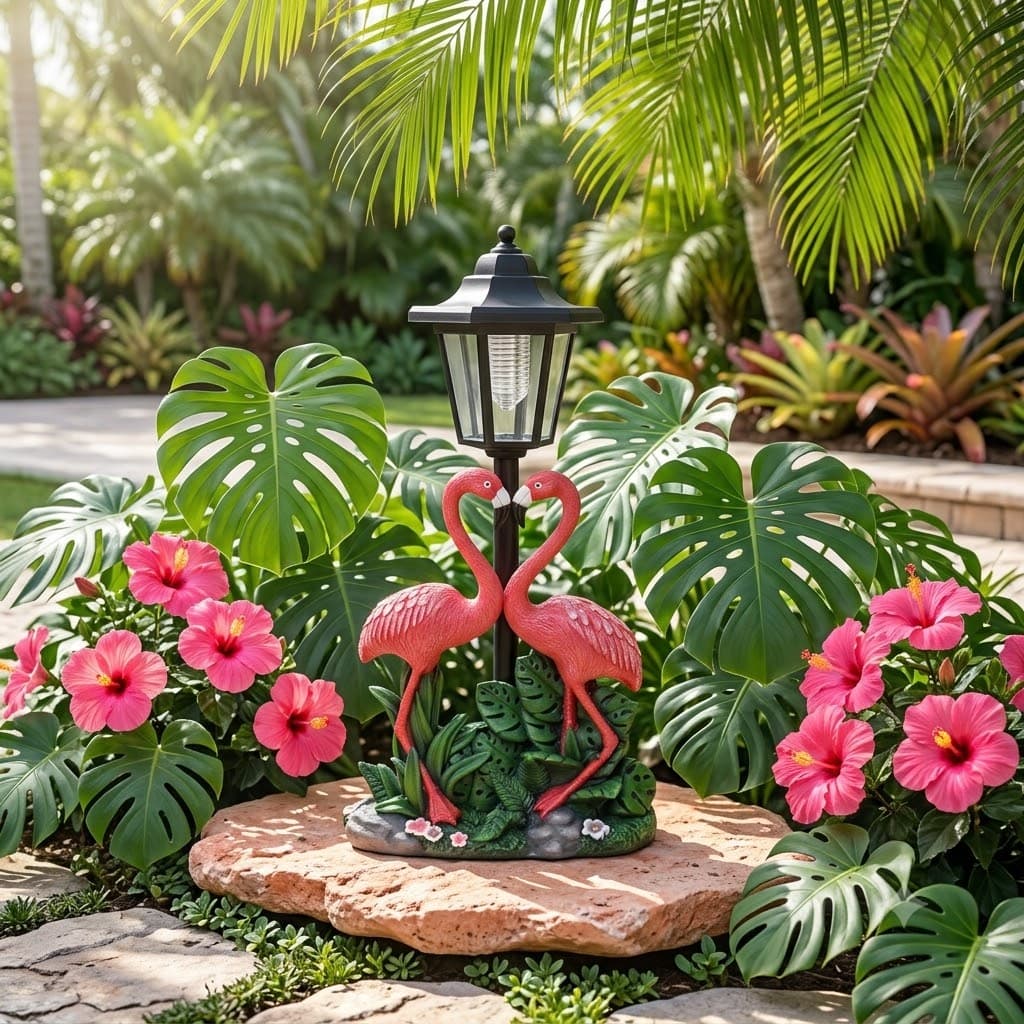Tropical Romance Solar Lantern Statue – Hand-Painted Flamingo Garden Sculpture (12.5" Tall)