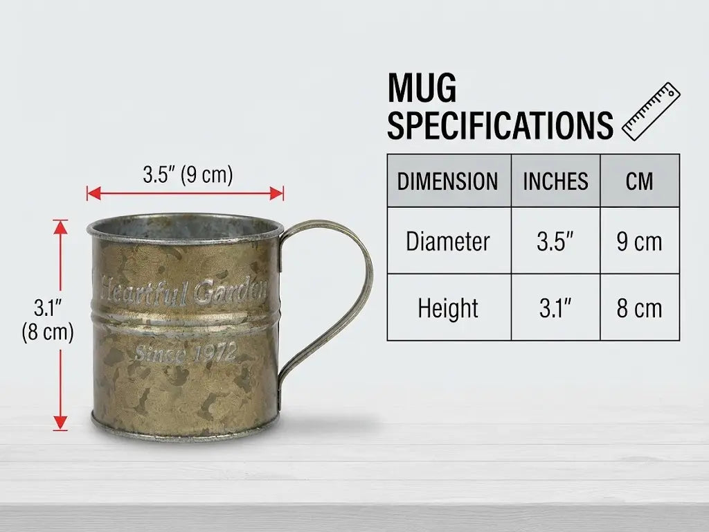 Weathered metal mug with handle, embossed text design and bronze verdigris finish