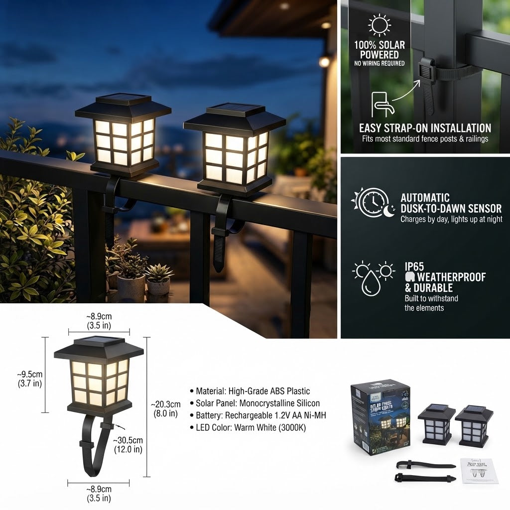 Cool-white solar strap-on railing lanterns, black frame, square frosted panels