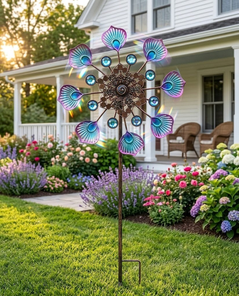 Kinetic Jeweled Peacock Wind Spinners – 3D Rotating Metal Garden Stakes (Set of 2)
