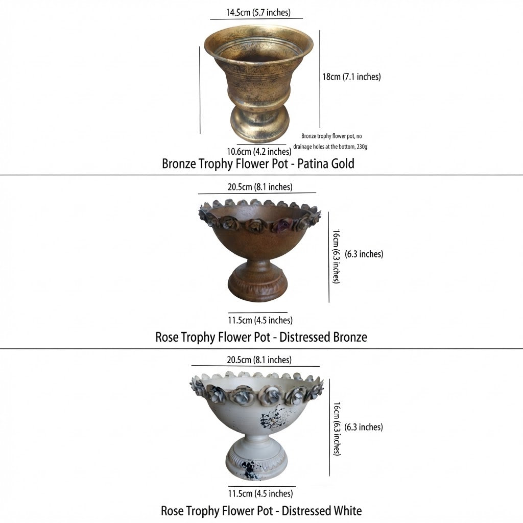 Størrelsesskema for trofæblomsterpotter, der viser bronze- og hvide piedestalstile