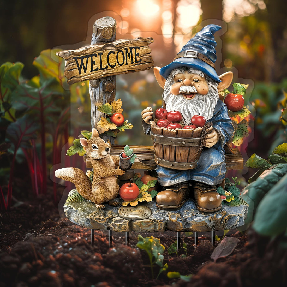 Whimsical Gnome & Squirrel Welcome Sign – 2D Flat Acrylic Garden Stake