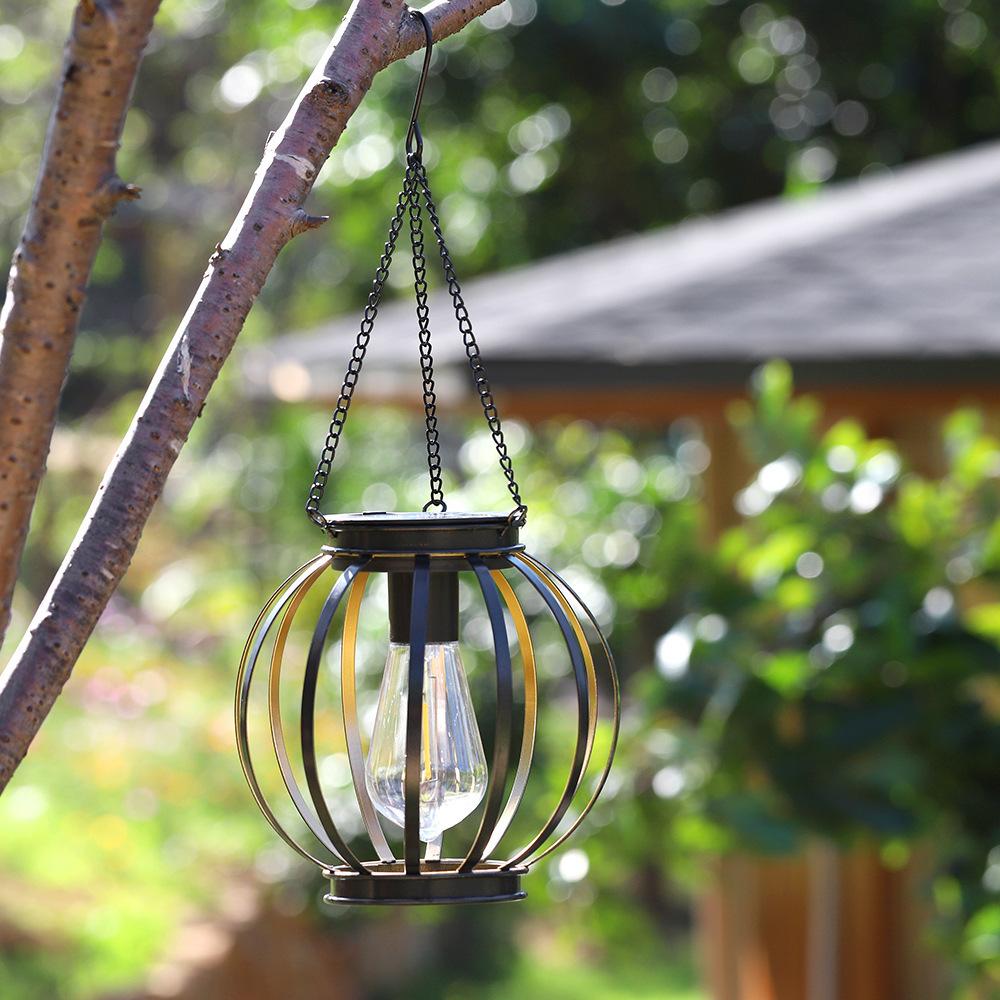 Spherical Solar Hanging Lantern – Rustic Iron Cage Outdoor Light with Vintage Edison Bulb