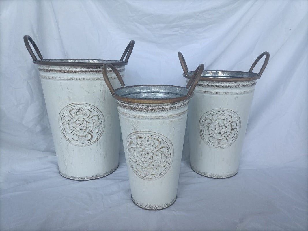 Vintage French Country Metal Planter Bucket with Double Handles