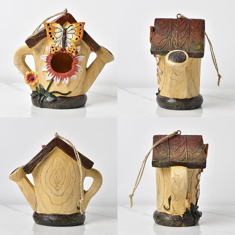 Whimsical Woodland Birdhouse Ornament – Hand-Painted Rustic Hanging Garden Decor