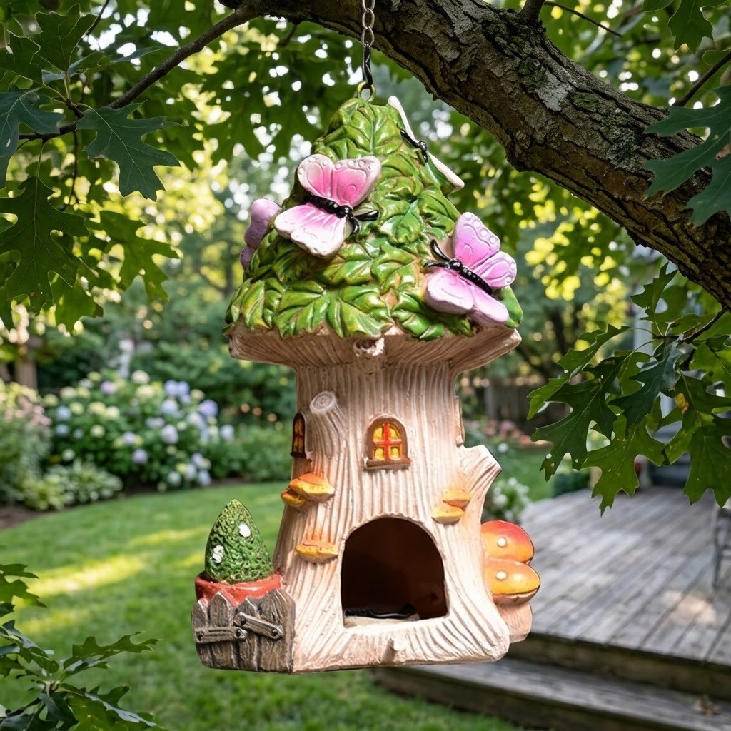 Solar Fairy Treehouse & Butterfly Lantern – Hand-Painted Glowing Woodland Garden Decor