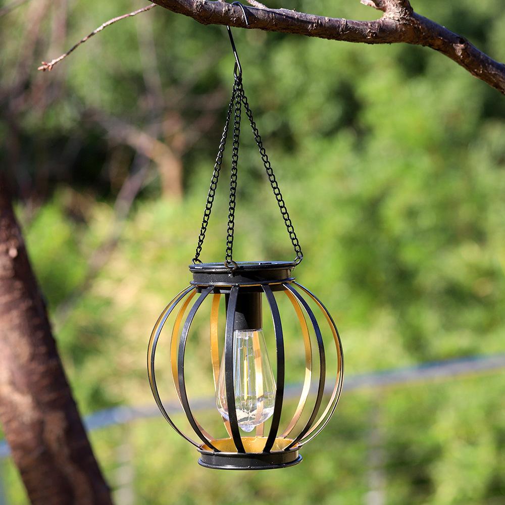 Spherical Solar Hanging Lantern – Rustic Iron Cage Outdoor Light with Vintage Edison Bulb