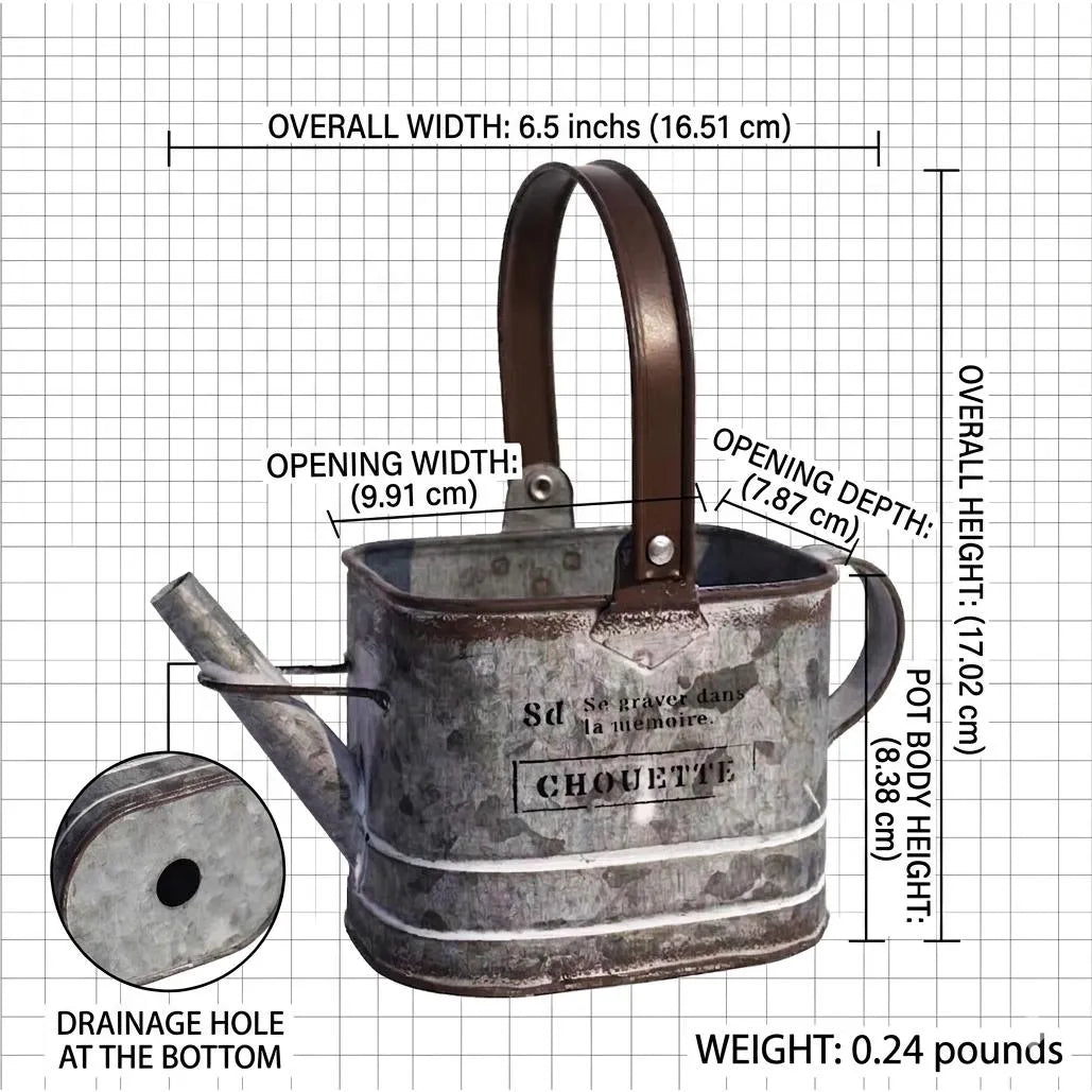 Metal watering can planter size diagram with width, depth, height, and drainage hole