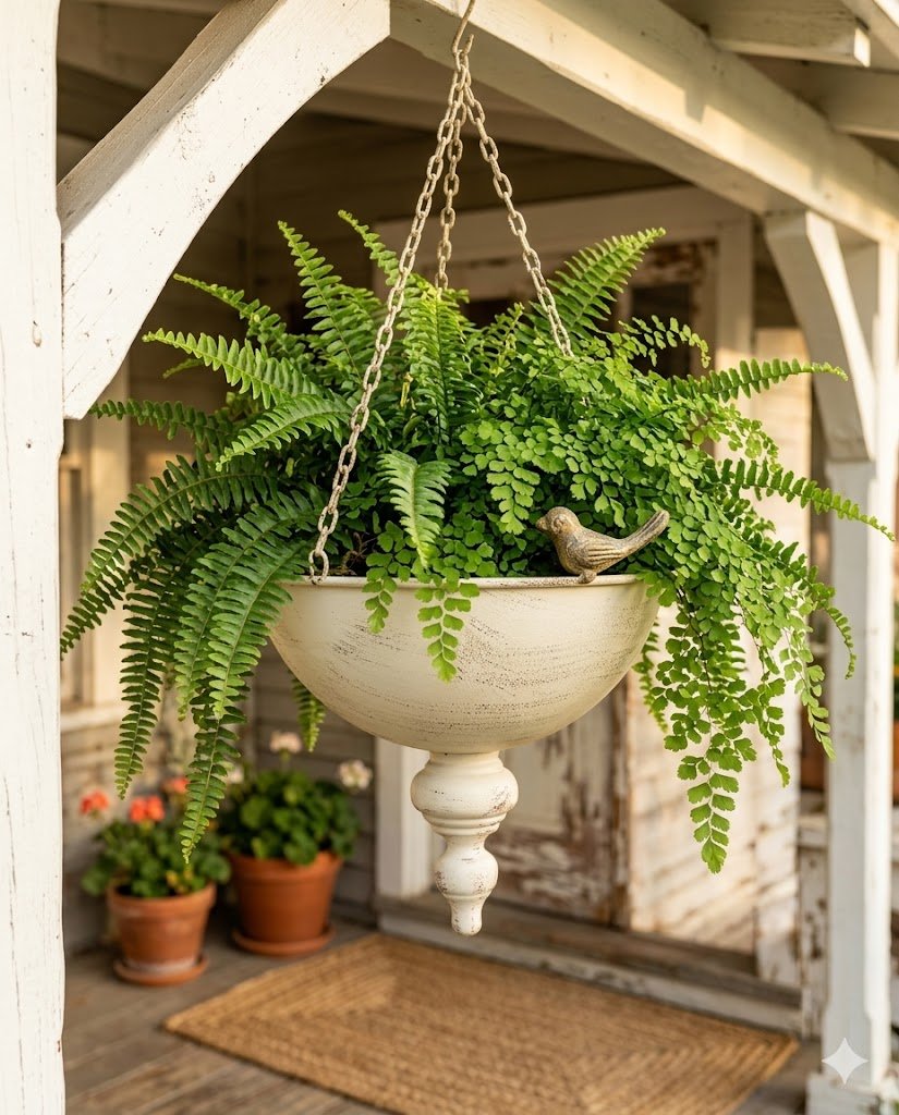 Vintage Iron Hanging Planter Bowl with Bird Finial & Chain – Rustic Metal Garden Pot for Indoor & Outdoor Decor - The Curated Shop