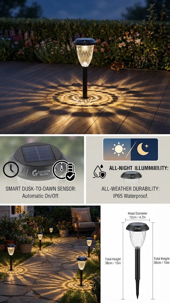 Solar LED pathway light with auto on/off and IP65 weatherproofing; dimensions shown