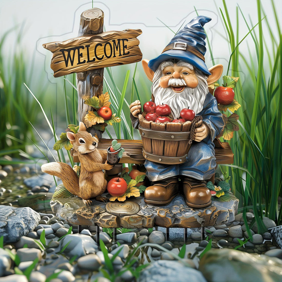 Whimsical Gnome & Squirrel Welcome Sign – 2D Flat Acrylic Garden Stake