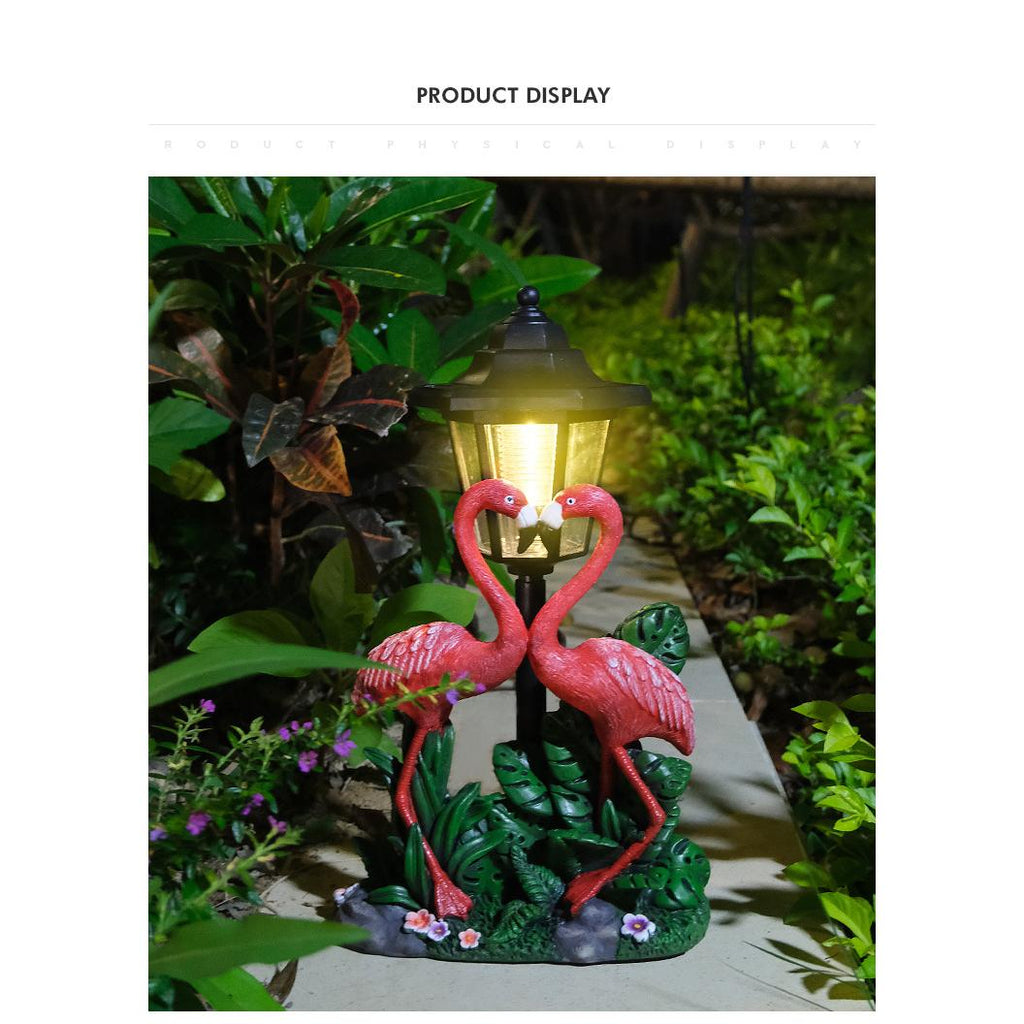 Tropical Romance Solar Lantern Statue – Hand-Painted Flamingo Garden Sculpture (12.5" Tall)