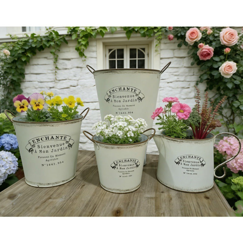 Vintage French Country Metal Planter Set of 4 – Rustic "Enchanté" Collection