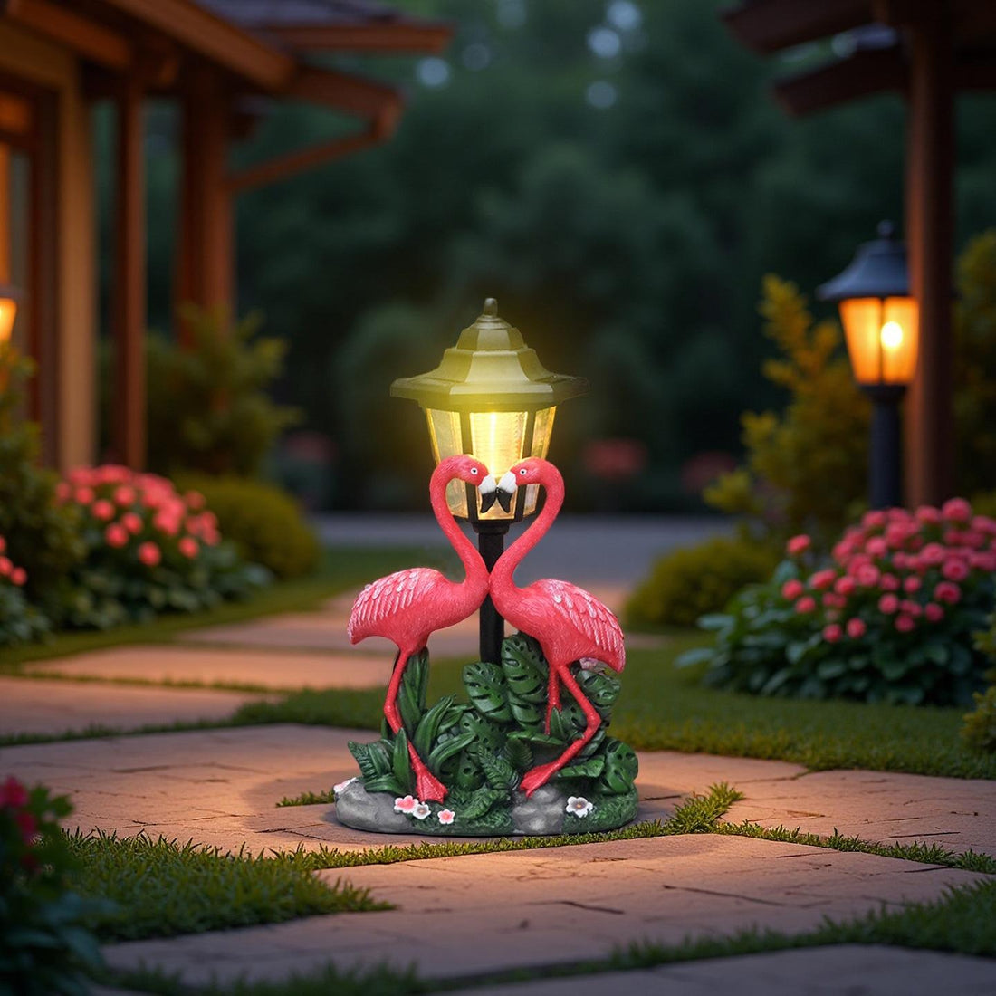 Tropical Romance Solar Lantern Statue – Hand-Painted Flamingo Garden Sculpture (12.5" Tall)