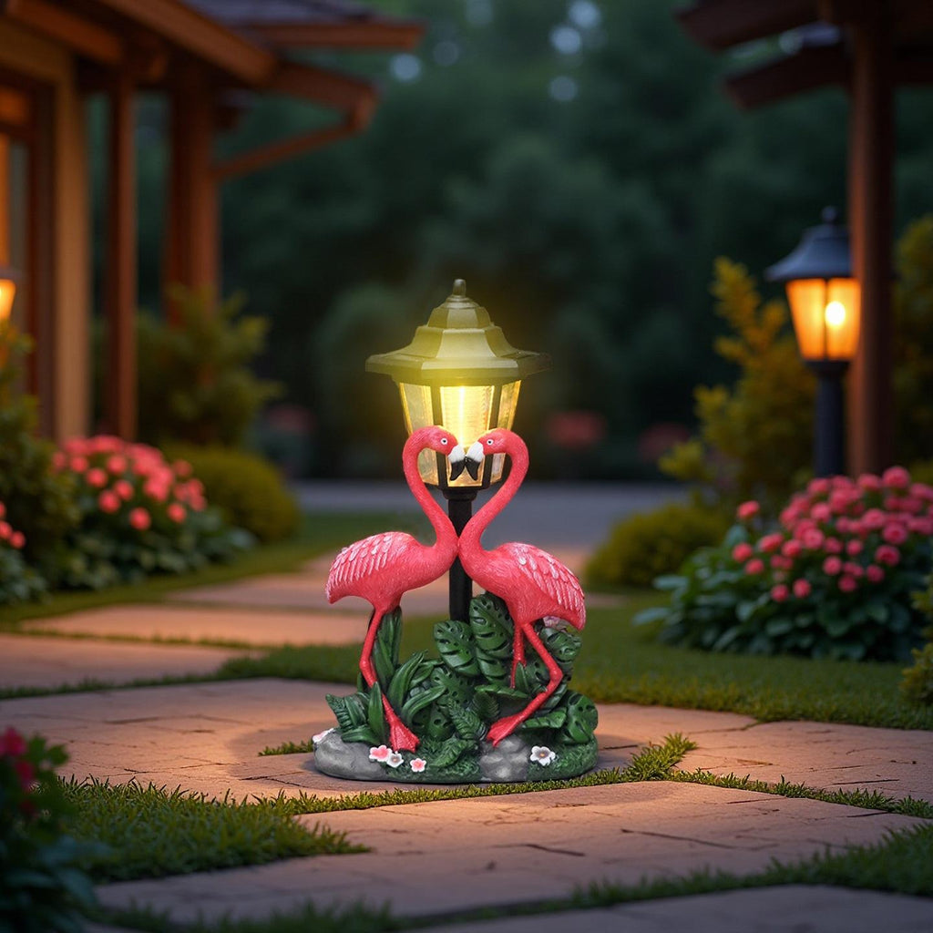 Tropical Romance Solar Lantern Statue – Hand-Painted Flamingo Garden Sculpture (12.5" Tall)