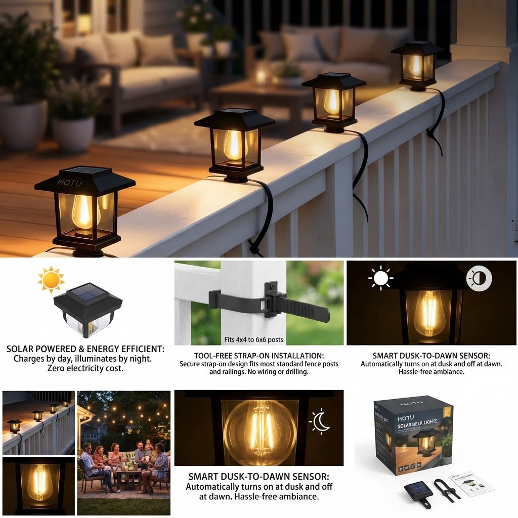 Warm-white solar railing lanterns on porch railing, black frames, square frosted panels