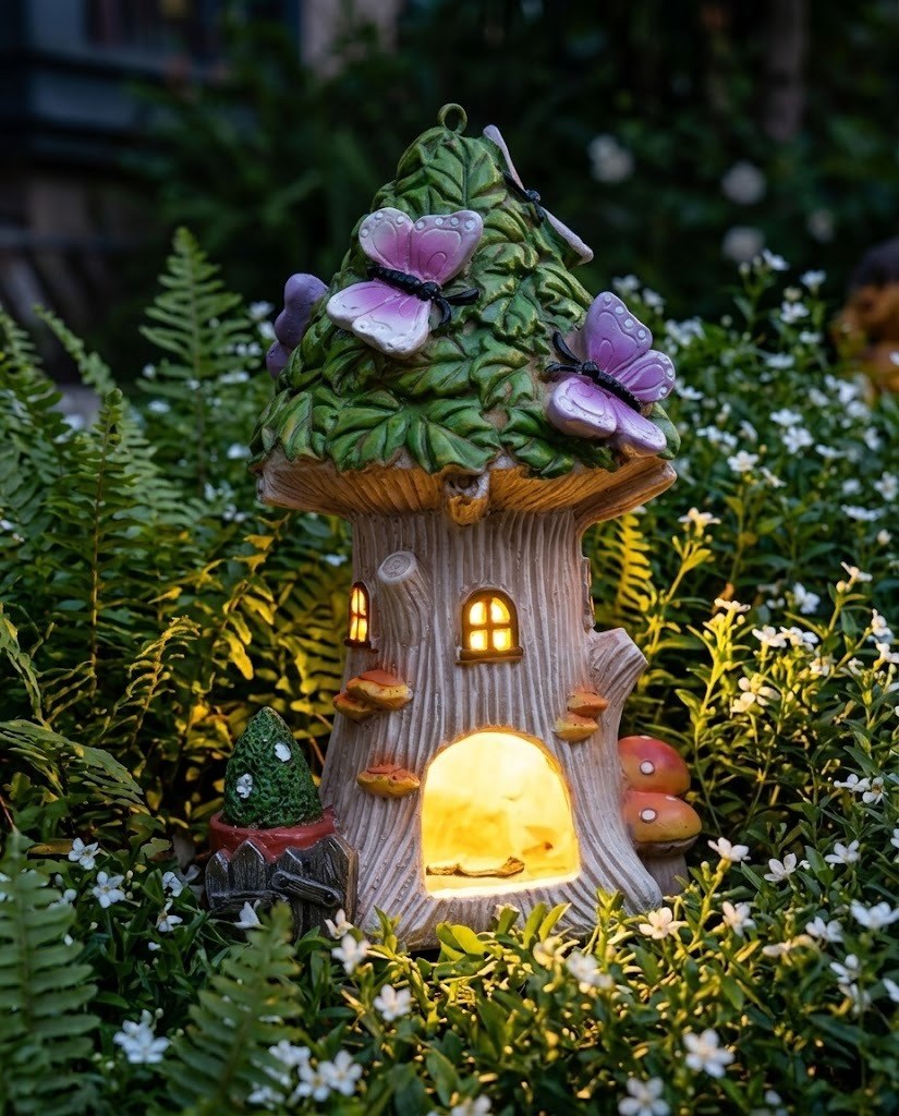 Solar Fairy Treehouse & Butterfly Lantern – Hand-Painted Glowing Woodland Garden Decor