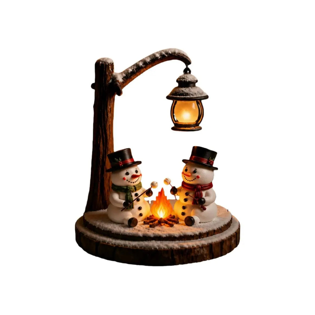 Bordlampe i resin med vinternatlampe, to snemænd, bållys og lanterne