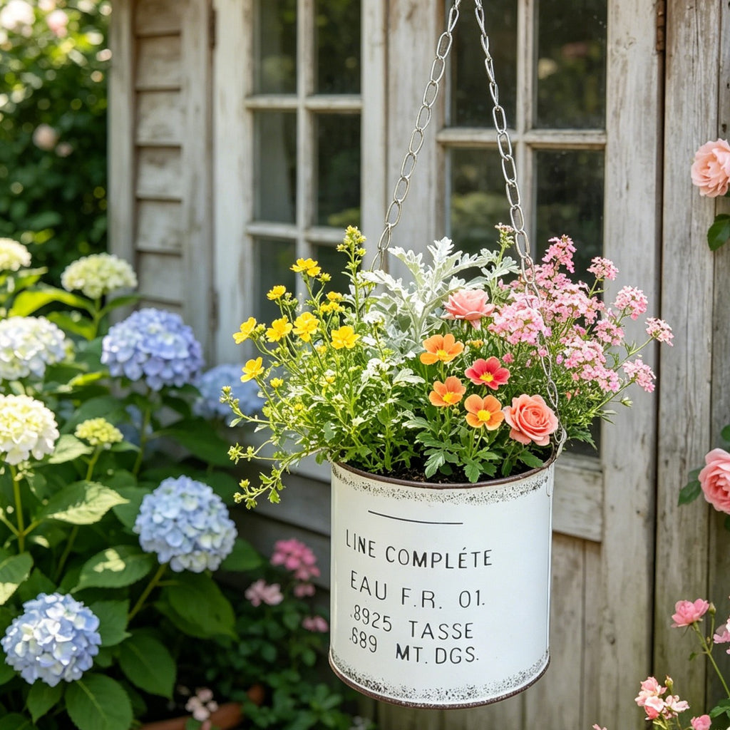 Vintage French Country Metal Hanging Planter with Chain