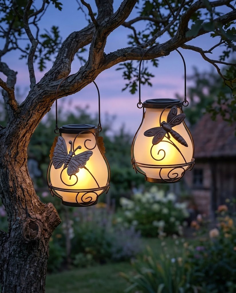 Hanging solar flame lantern pair with frosted glass, bird and butterfly cutouts