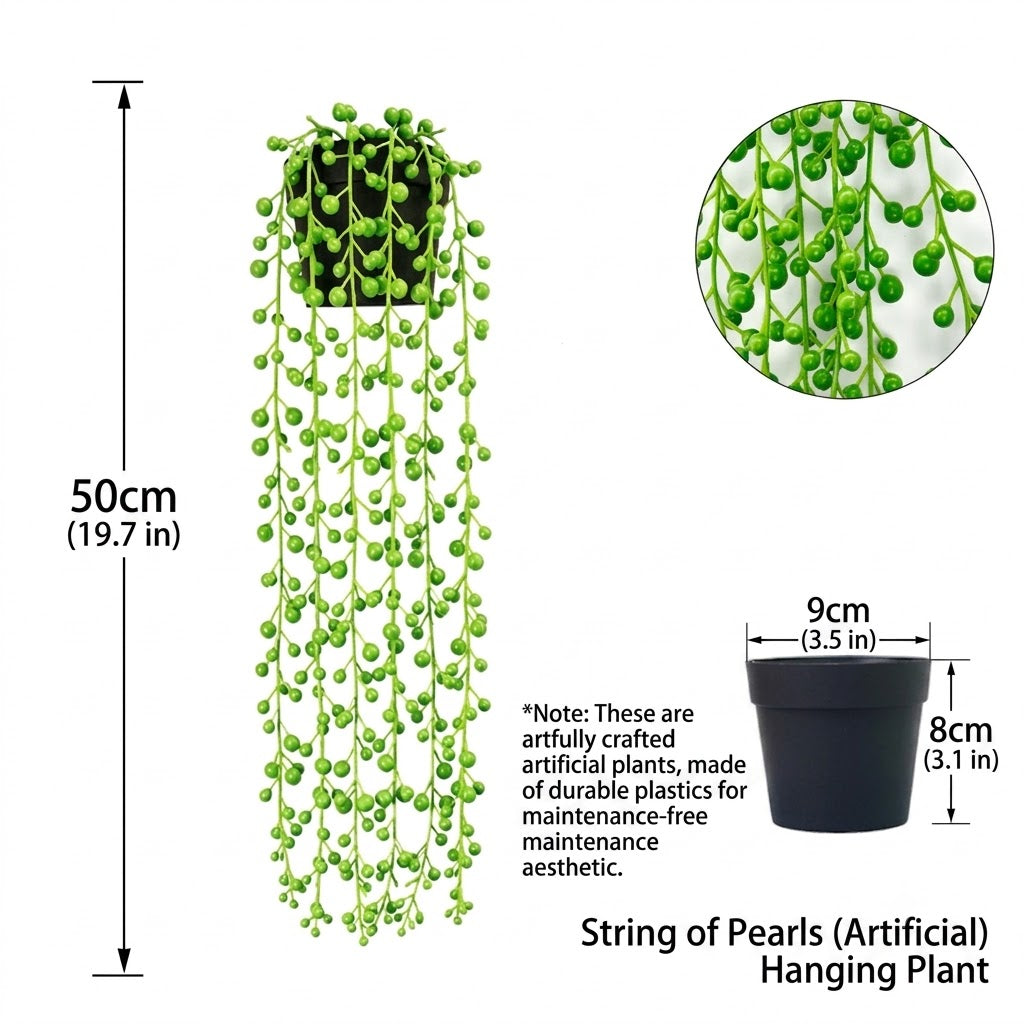 Faux string of pearls hanging plant with green bead vines and black nursery pot