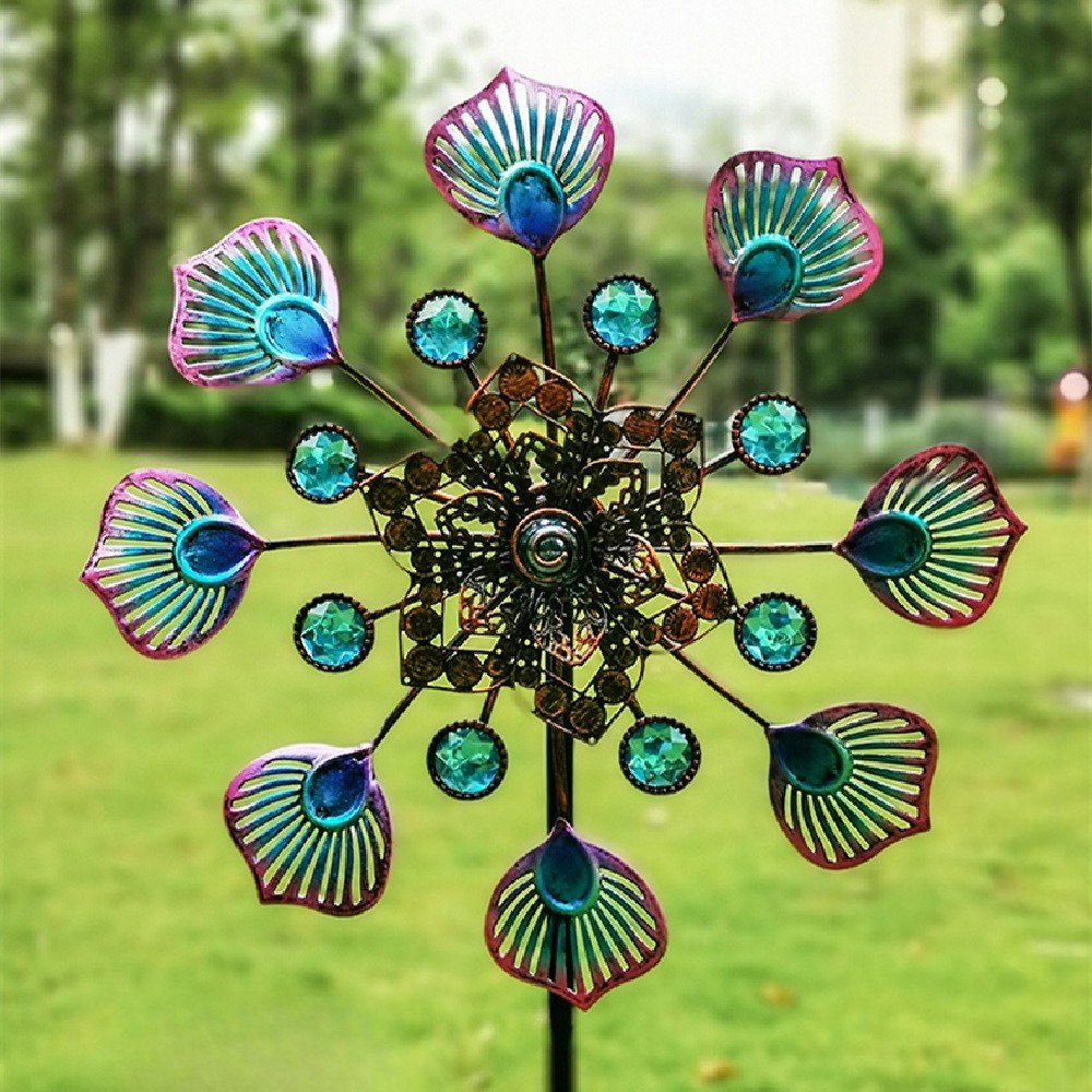Kinetic Jeweled Peacock Wind Spinners – 3D Rotating Metal Garden Stakes (Set of 2)