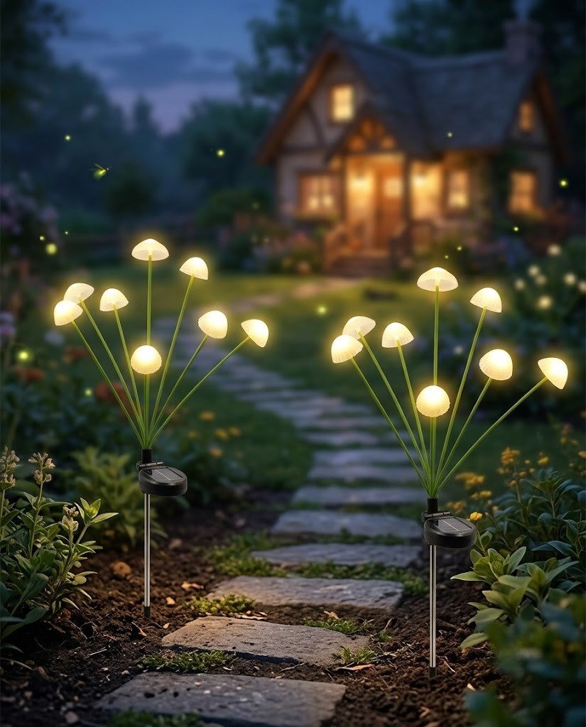 Luminous Swaying Mushroom Pathway Lights – Solar-Powered Firefly Garden Stakes (Set of 2)