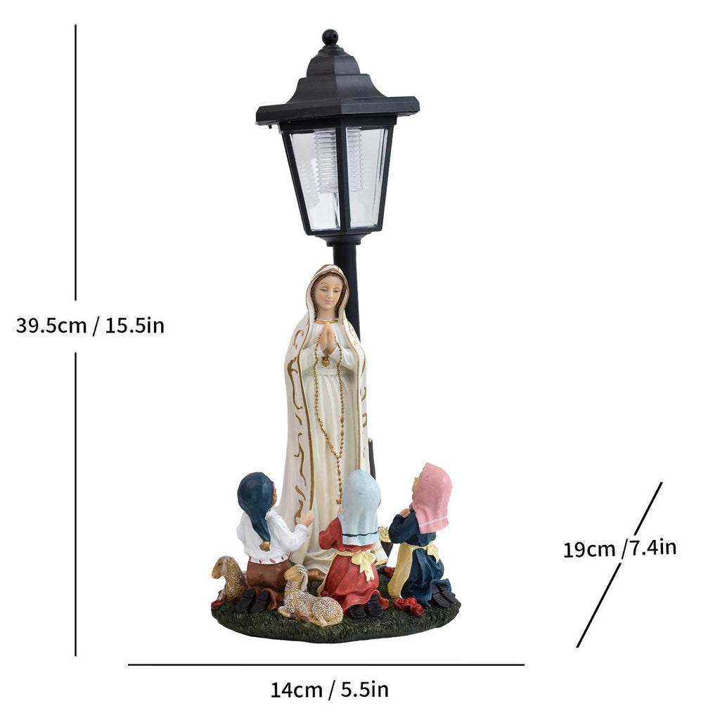 Solar LED lantern garden statue with a standing woman in white and seated children figures