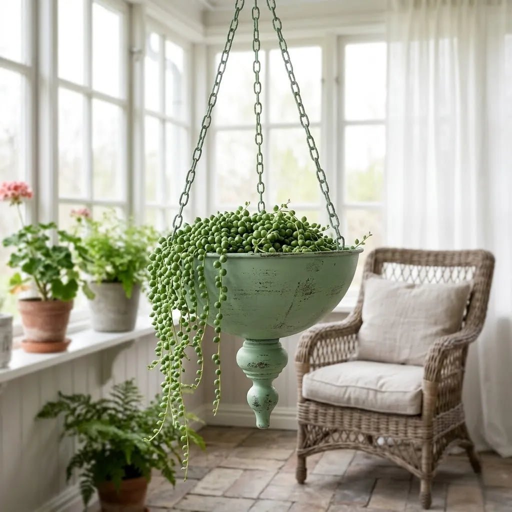 Vintage Iron Hanging Planter Bowl with Bird Finial & Chain – Rustic Metal Garden Pot for Indoor & Outdoor Decor - The Curated Shop