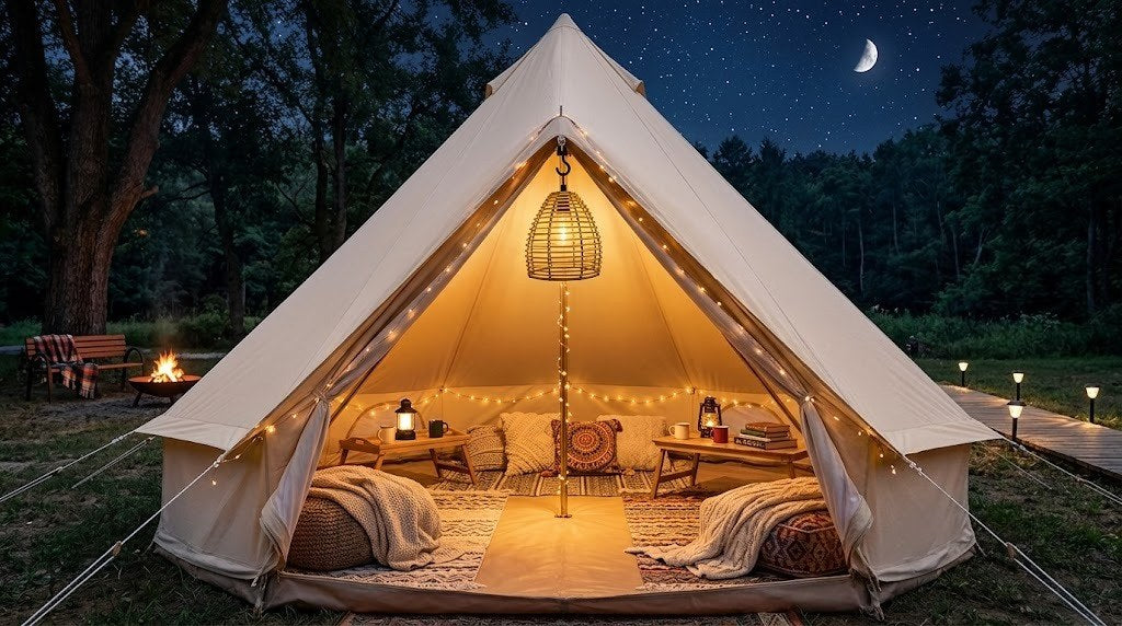 Rattan pendant lantern light suspended inside a white outdoor tent
