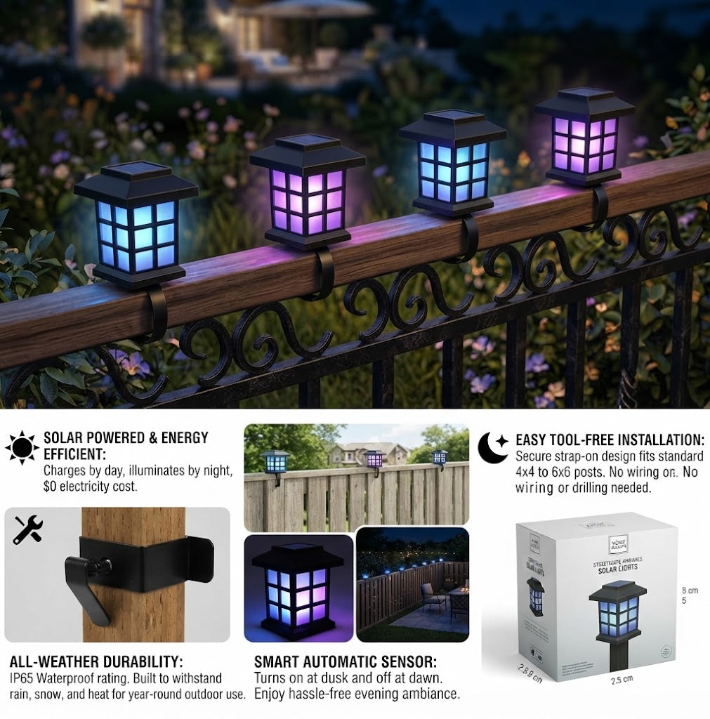 Purple-blue solar railing lanterns, black frames, square frosted panels with multicolor glow