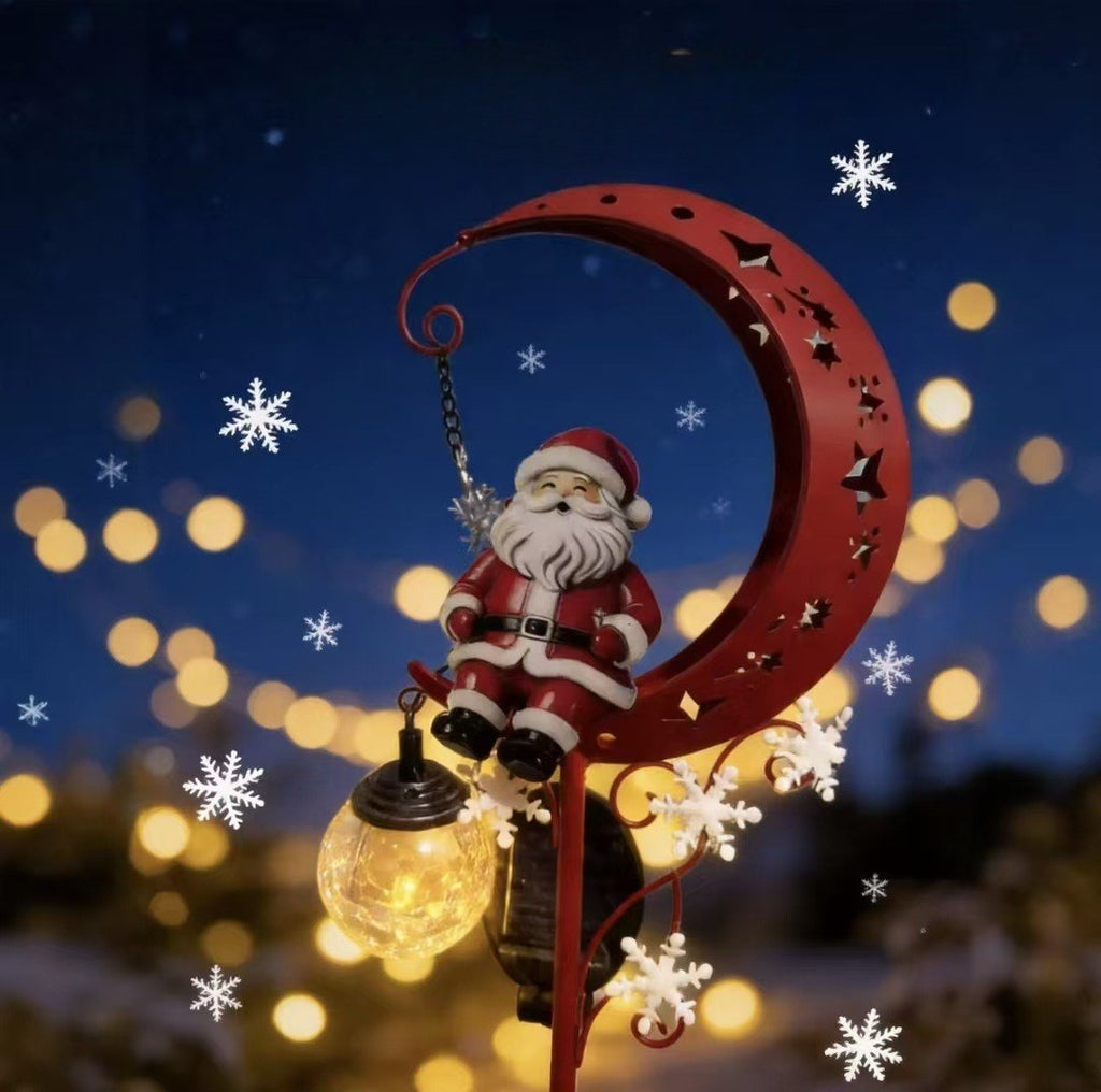 Luminous Winter Moon – Solar Metal Santa Pathway Stake with Glowing Glass Orb (33.5" Tall)