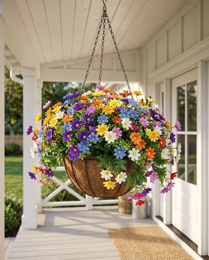 Multi-color faux daisy flower hanging basket with green stems in a metal bowl