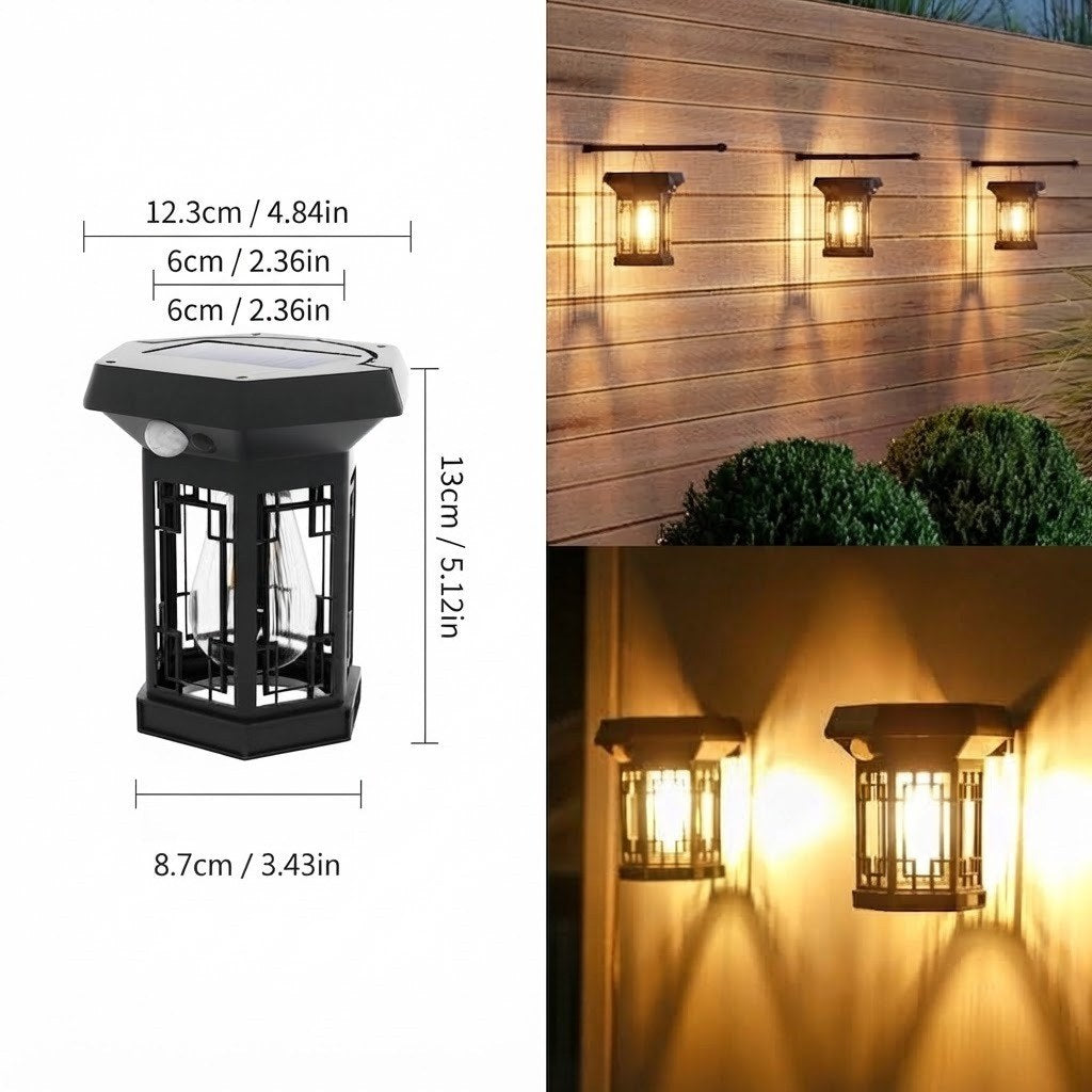 Sort solcellelampe med firkantet top, glasindsats og bursider, størrelsesdiagram