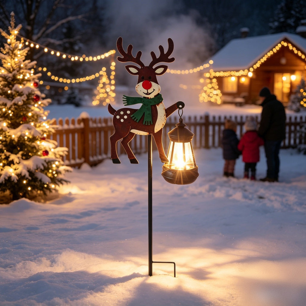 Luminous Winter Friends – Flat Metal Christmas Stake with Glowing Solar Lantern (32" Tall)