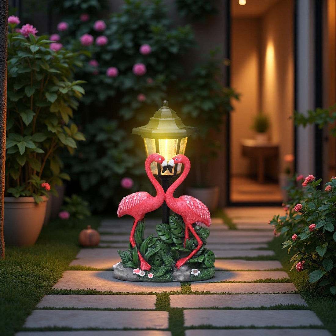 Tropical Romance Solar Lantern Statue – Hand-Painted Flamingo Garden Sculpture (12.5" Tall)