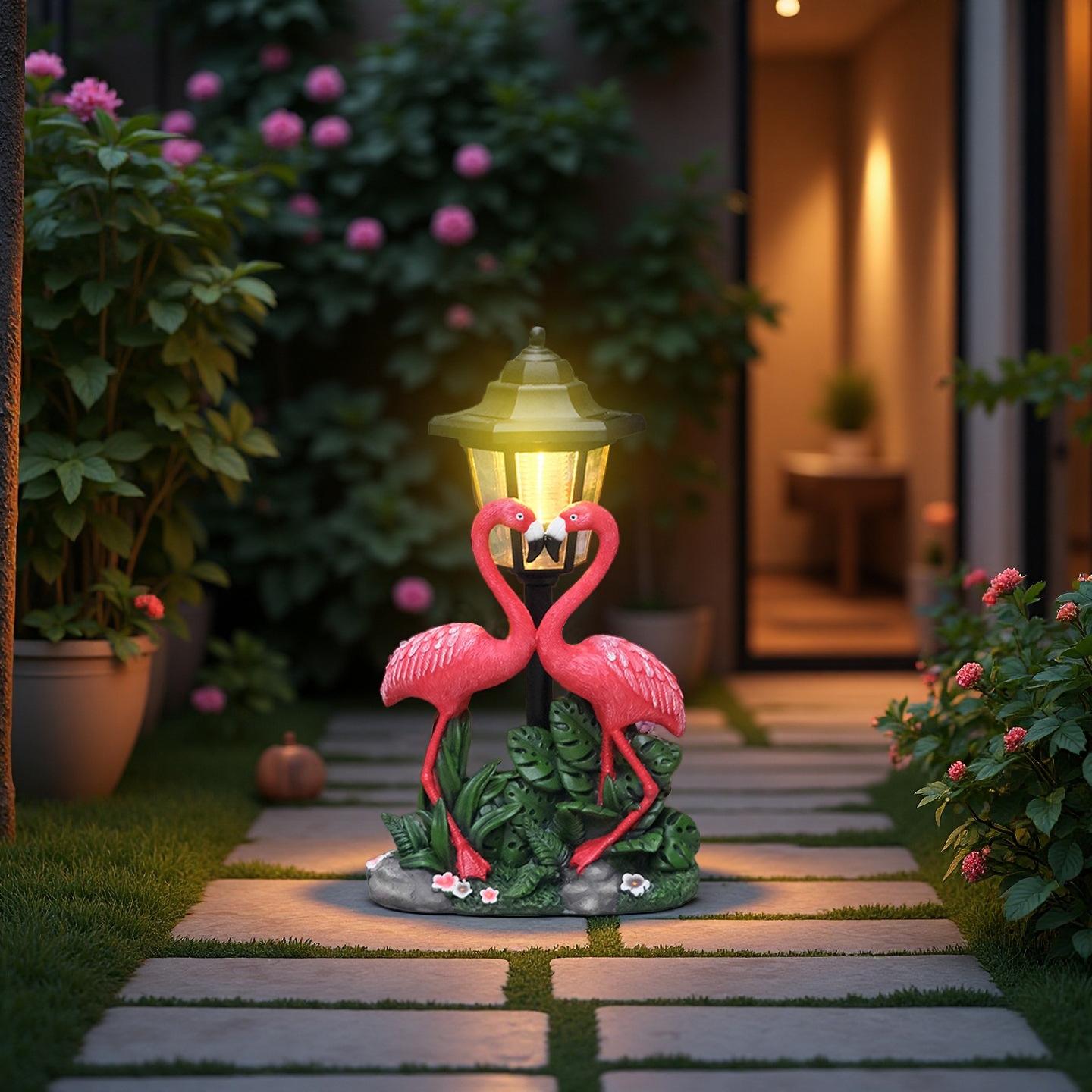 Tropical Romance Solar Lantern Statue – Hand-Painted Flamingo Garden Sculpture (12.5" Tall)