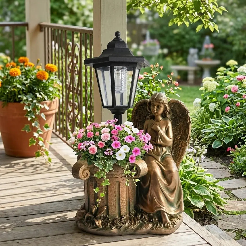 Guardian Angel Solar Lantern Statue – Elegant Resin Garden Planter & Glowing Orb Sculptures
