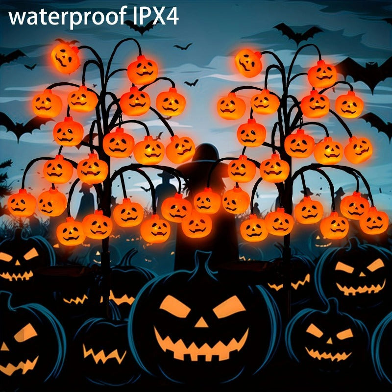Luces solares para caminos con forma de ramas de calabaza y caras de calabaza de Halloween con LED naranjas, 20 LED.