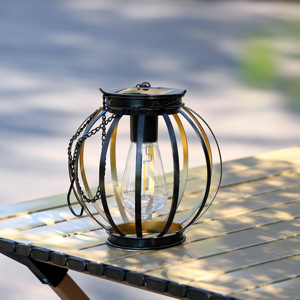 Spherical Solar Hanging Lantern – Rustic Iron Cage Outdoor Light with Vintage Edison Bulb