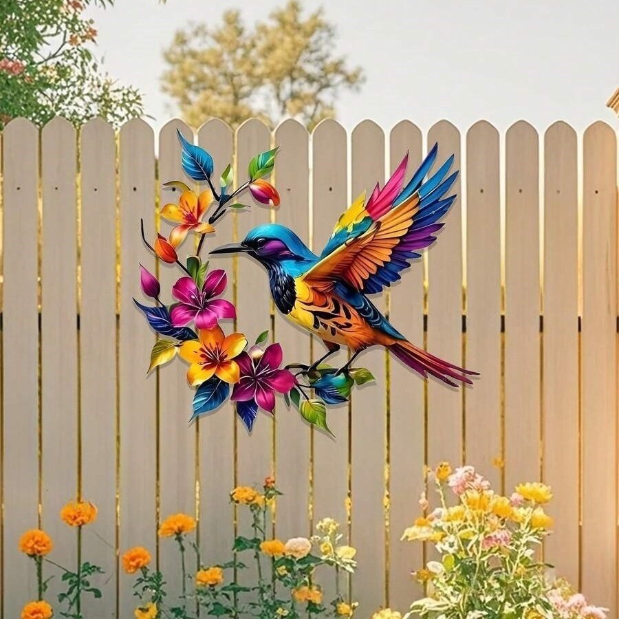 Vibrant Painted Hummingbird Wall Art – Metal Garden & Fence Sculpture (11.8" Tall)
