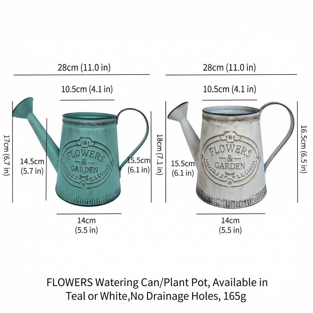 Metal watering can vase size chart: teal and white, with 'Flowers & Garden' front.